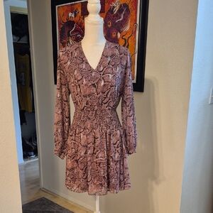 1 State Burgundy Long Sleeve Vneck Ruffled Mini Dress